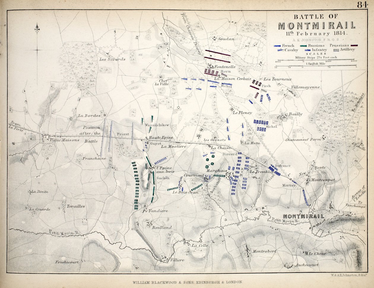 Mapa bitwy pod Montmirail, opublikowana przez Williama Blackwooda i Synów, Edynburg i Londyn, 1848 (rycina ręcznie kolorowana) autorstwa Alexander Keith Johnston