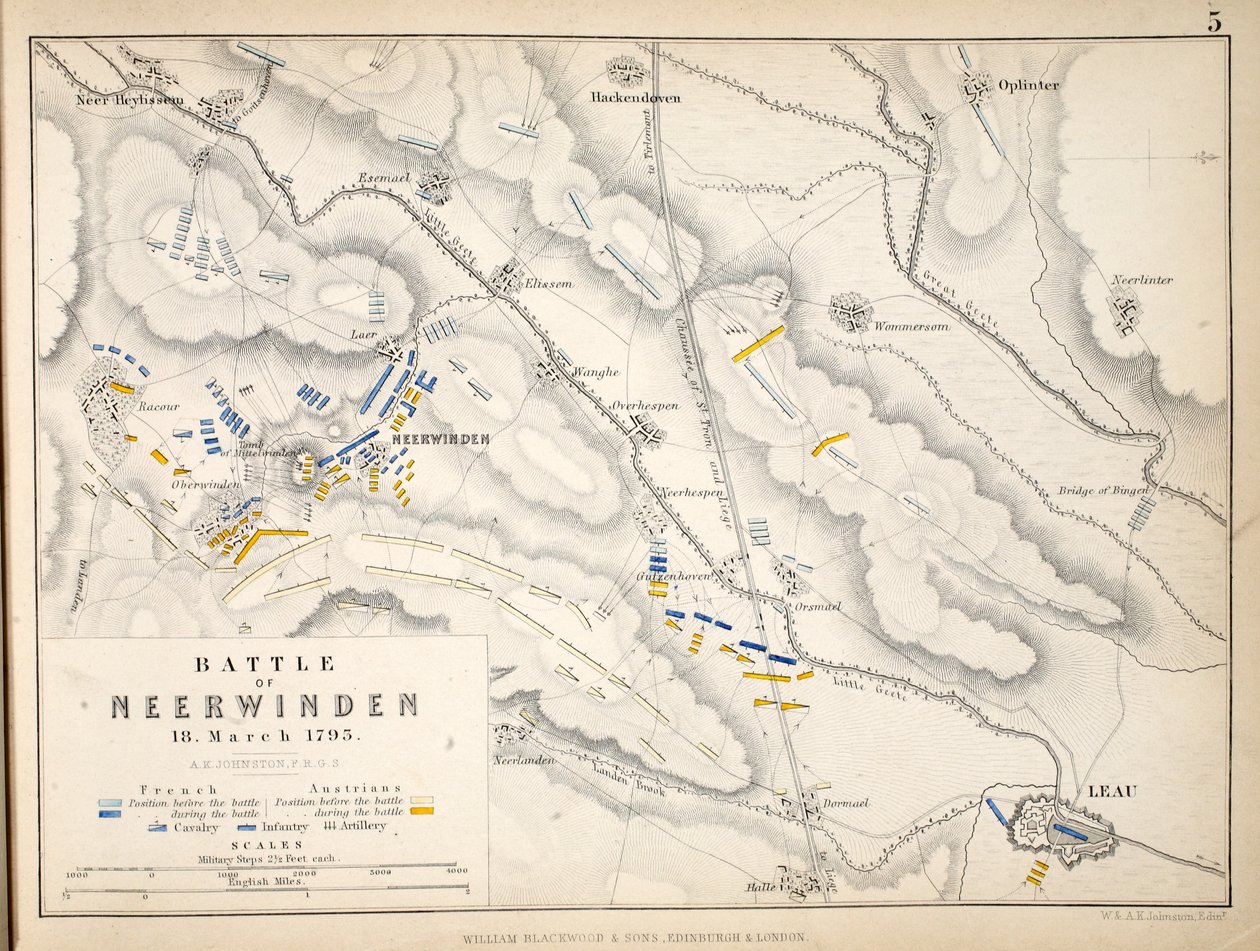 Mapa bitwy pod Neerwinden, wydana przez William Blackwood and Sons, Edinburgh i Londyn, 1848 (rycina ręcznie kolorowana) autorstwa Alexander Keith Johnston