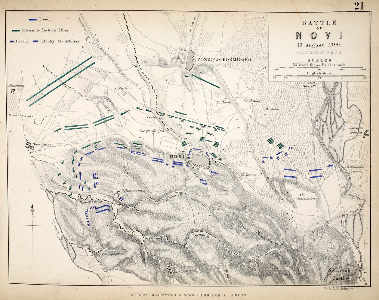 Mapa bitwy pod Novi, wydana przez William Blackwood and Sons, Edinburgh i Londyn, 1848 (rycina ręcznie kolorowana) autorstwa Alexander Keith Johnston