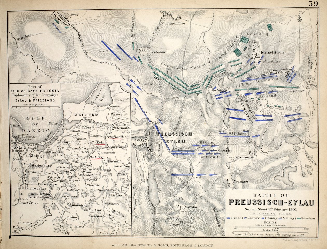 Mapa bitwy pod Preussisch-Eylau, opublikowana przez Williama Blackwooda i Synów, Edynburg i Londyn, 1848 (rycina ręcznie kolorowana) autorstwa Alexander Keith Johnston