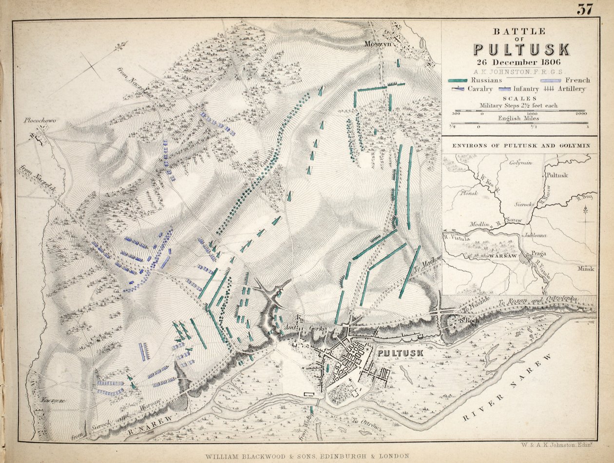 Mapa bitwy pod Pułtuskiem, wydana przez William Blackwood and Sons, Edynburg i Londyn, 1848 (rycina ręcznie kolorowana) autorstwa Alexander Keith Johnston