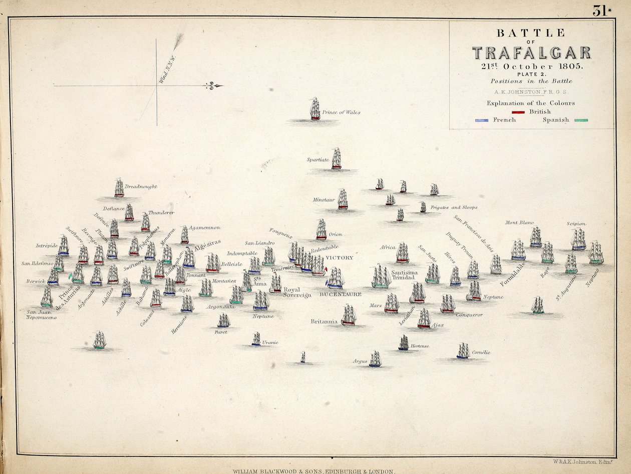 Mapa bitwy pod Trafalgarem, wydana przez William Blackwood and Sons, Edinburgh i Londyn, 1848 (rycina ręcznie kolorowana) autorstwa Alexander Keith Johnston