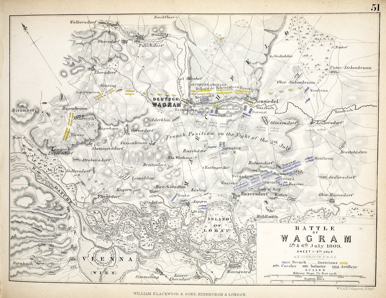 Mapa bitwy pod Wagram, opublikowana przez William Blackwood and Sons, Edynburg i Londyn, 1848 (rycina ręcznie kolorowana) autorstwa Alexander Keith Johnston