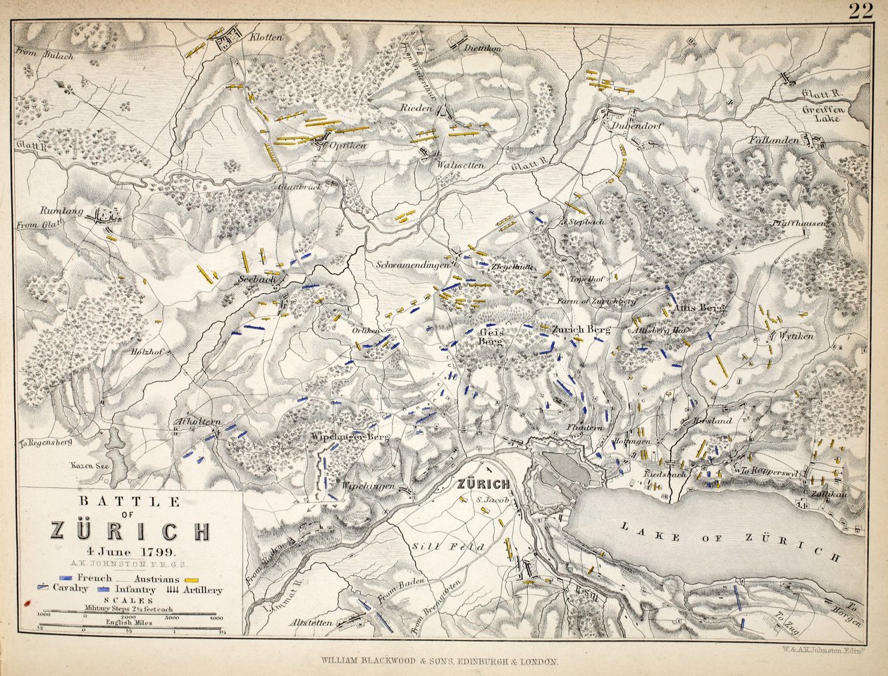 Mapa bitwy pod Zurychem, wydana przez William Blackwood and Sons, Edinburgh i Londyn, 1848 (rycina ręcznie kolorowana) autorstwa Alexander Keith Johnston