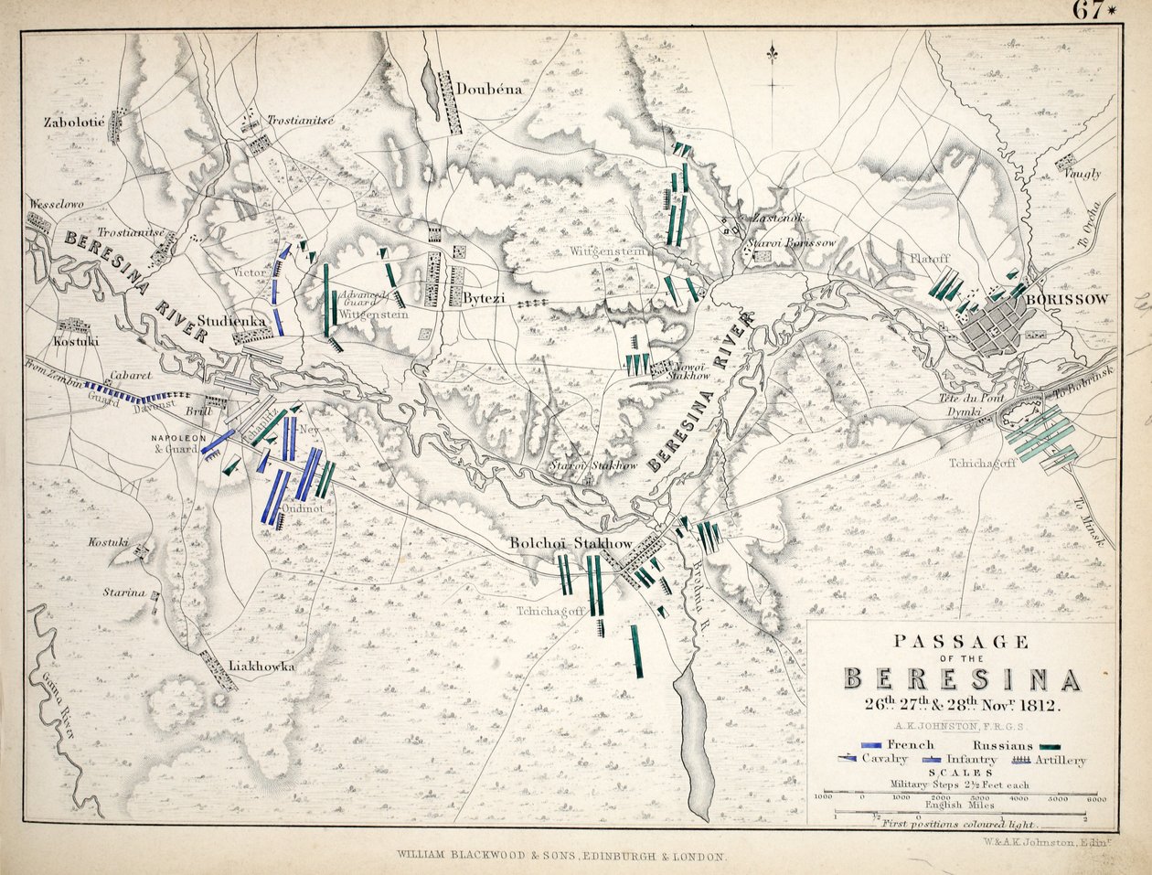 Mapa Przejścia Berezyny, wydana przez Williama Blackwooda i Synów, Edynburg i Londyn, 1848 (rycina ręcznie kolorowana) autorstwa Alexander Keith Johnston