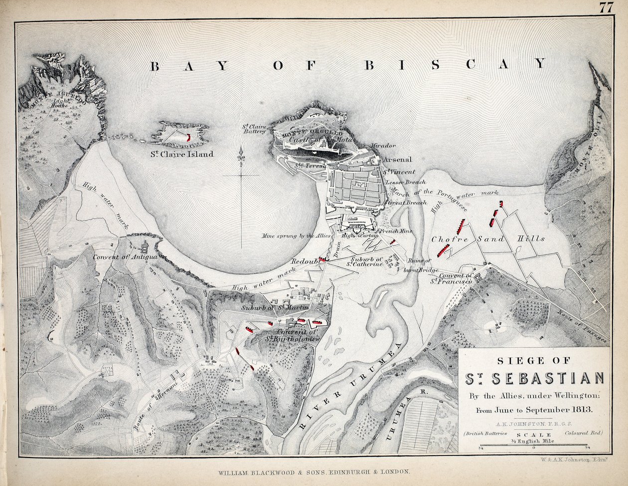 Mapa oblężenia św. Sebastiana, wydana przez William Blackwood and Sons, Edynburg i Londyn, 1848 (rycina ręcznie kolorowana) autorstwa Alexander Keith Johnston