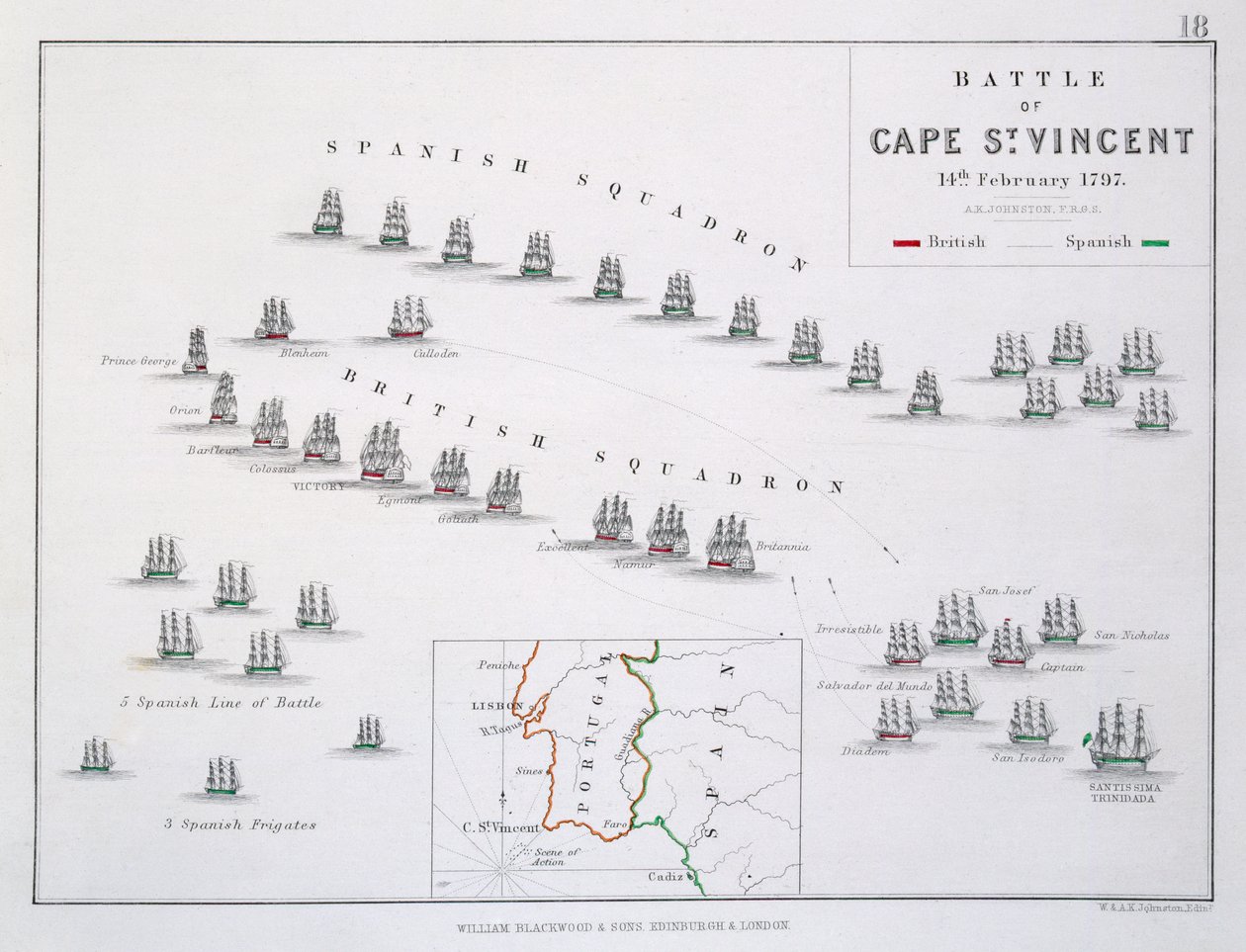 Plan bitwy o Cape St Vincent, 14 lutego 1797, c.1830s autorstwa Alexander Keith Johnston