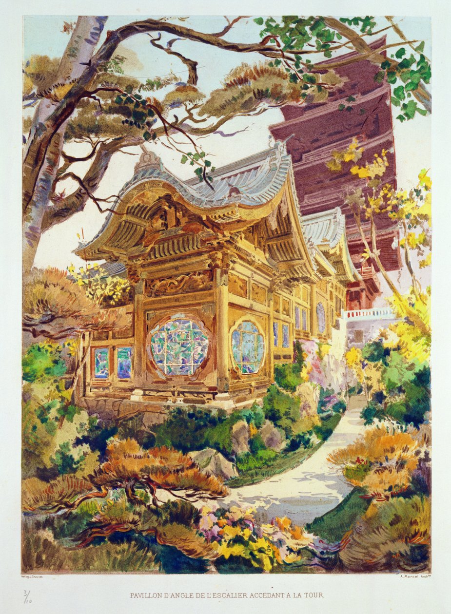 Japońska Wieża i Chińska Pagoda w Królewskim Parku w Laeken, Belgia, z „Orientalisme et Architecture Contemporaine”, rytowane przez Julesa Adolphe Chauveta (ur. 1828) (zob. także 171915, 1 autorstwa Alexandre Auguste Louis Marcel