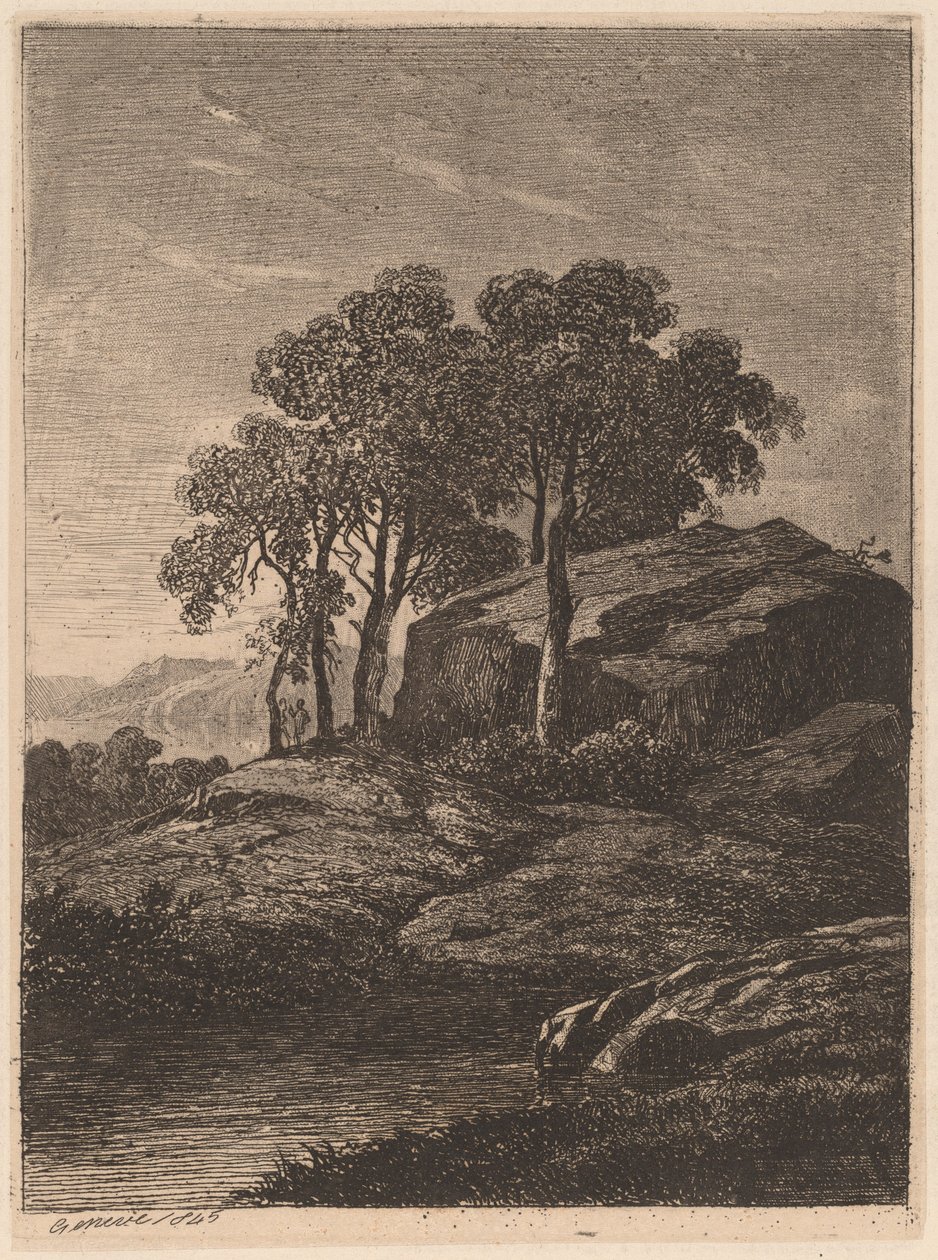 Drzewa przy skale autorstwa Alexandre Calame
