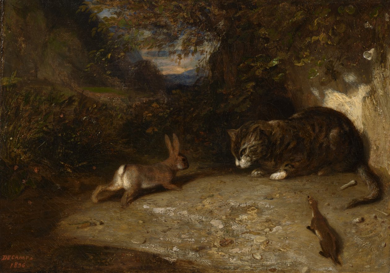 Kot, łasica i królik, 1836 autorstwa Alexandre Gabriel Decamps