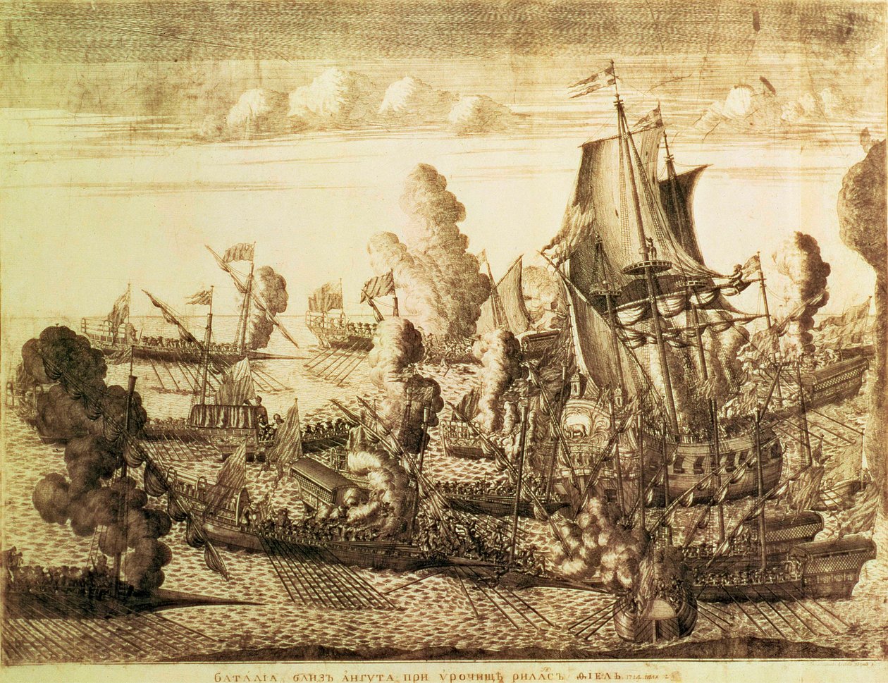 Bitwa pod Cape Gangut (Hanko) 25 lipca 1714 1715 (akwaforta z grawerem) autorstwa Alexei Fyodorovich Zubov