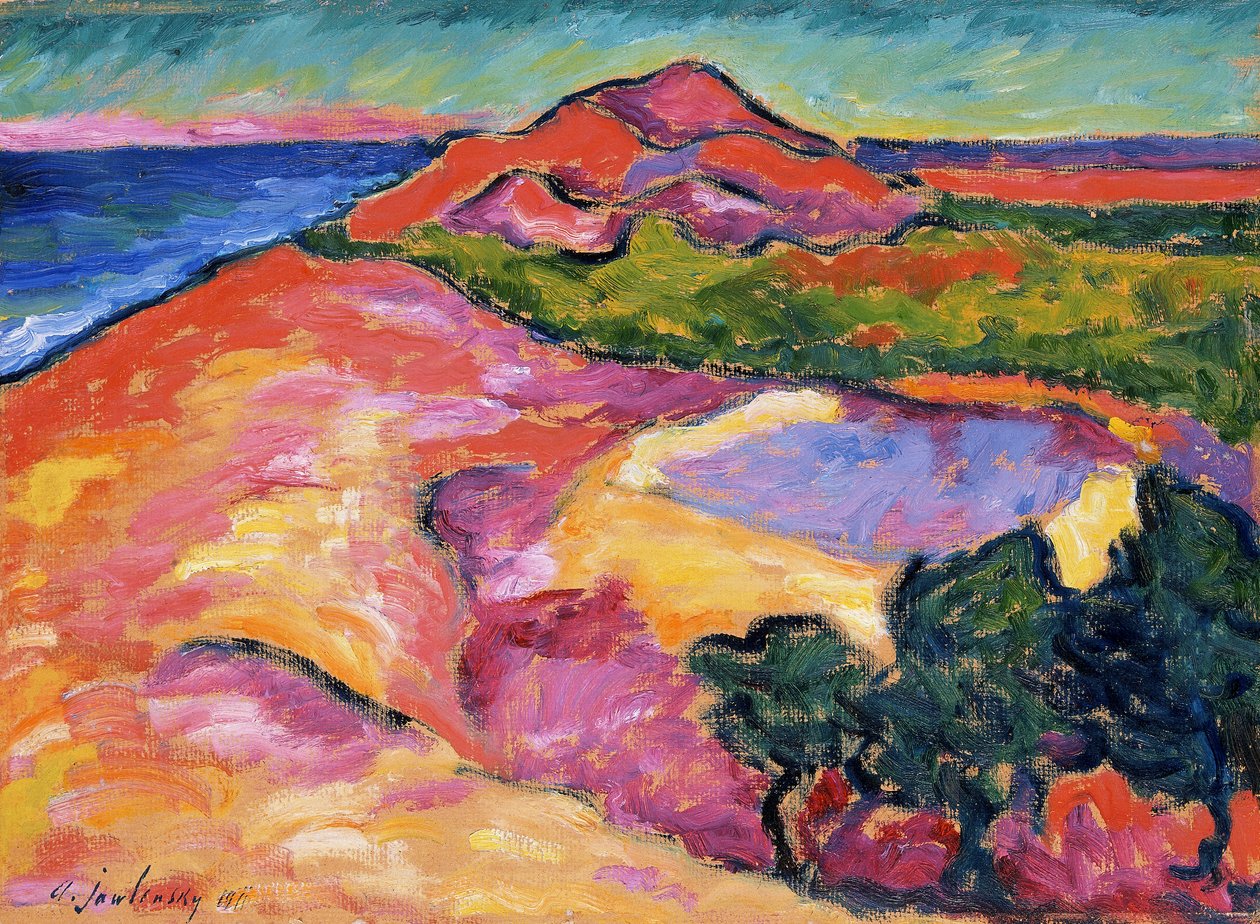 „Scena na wybrzeżu z czerwonym wzgórzem”, 1911 autorstwa Alexej von Jawlensky