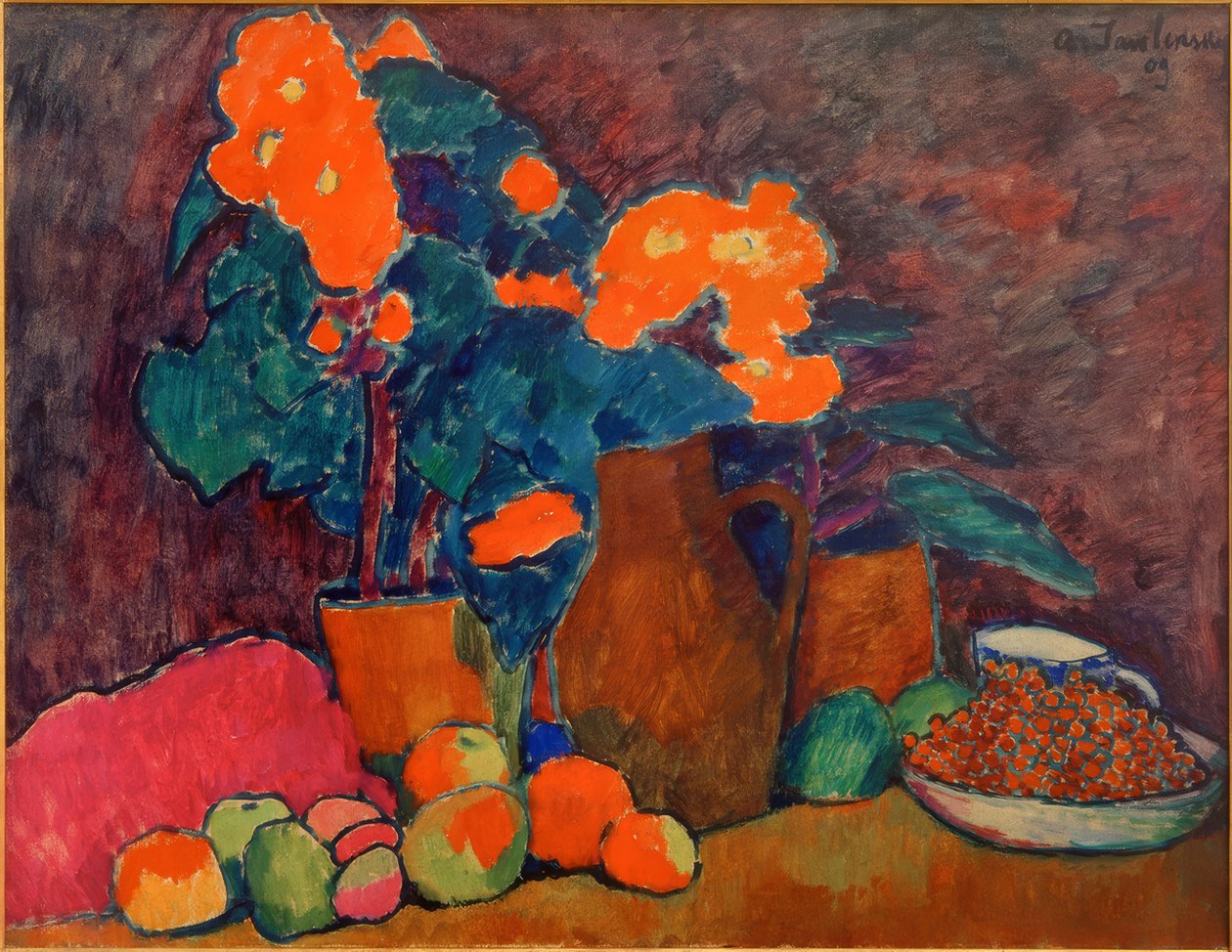 Martwa natura z kwiatami, owocami i butelką autorstwa Alexej von Jawlensky