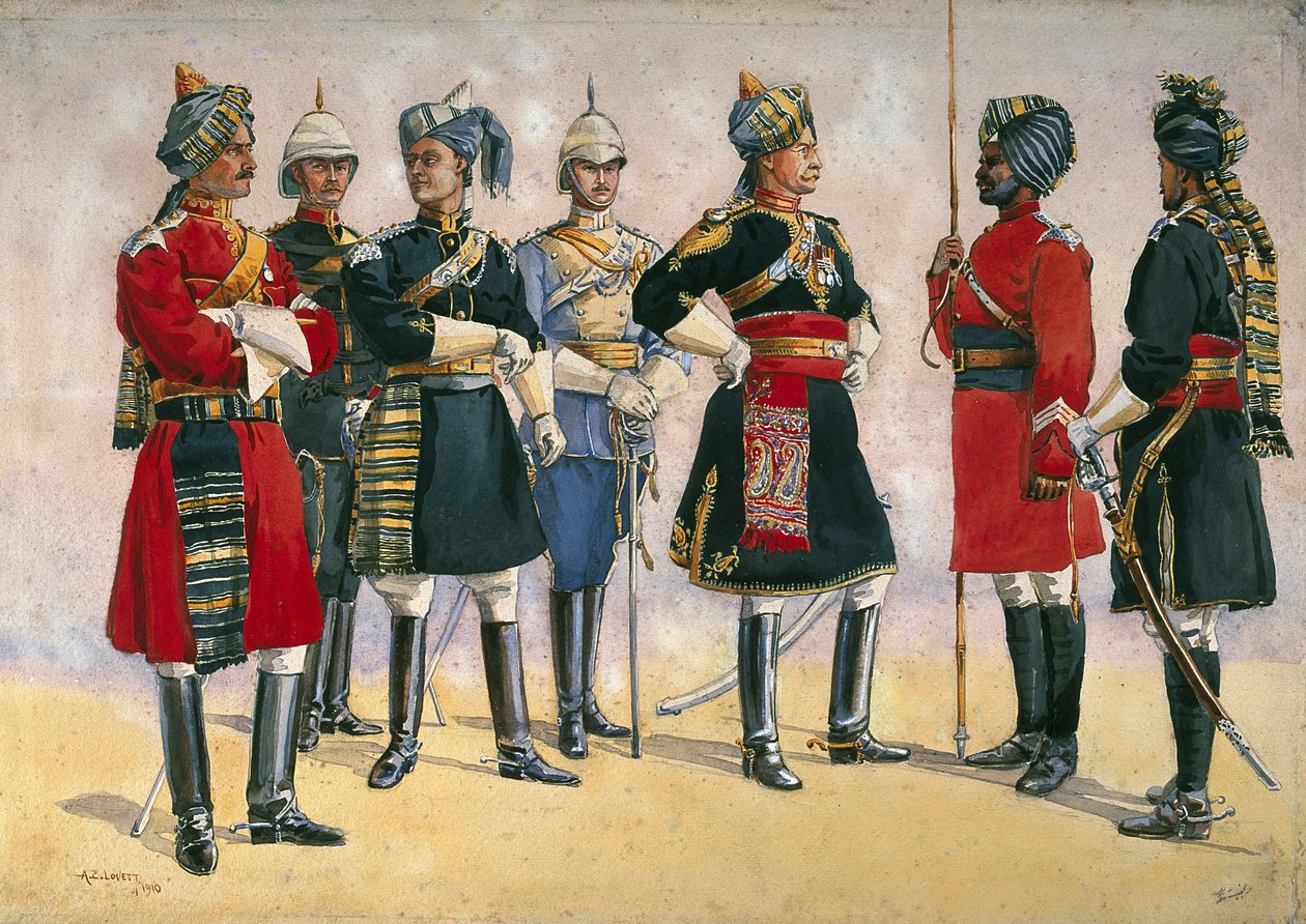 Brytyjscy oficerowie, armia indyjska, ilustracja do „Armies of India”, opublikowana w latach 1911, 1910 autorstwa Alfred Crowdy Lovett