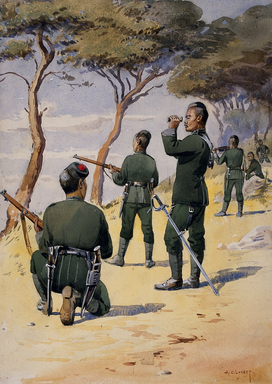 Żołnierze 6. Strzelców Gurkha, ilustracja do „Armii Indii” majora G.F. MacMunn, wydana w 1911, 1908 autorstwa Alfred Crowdy Lovett