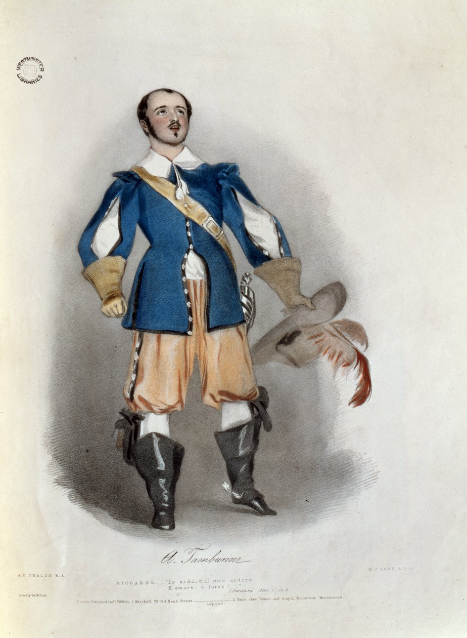 Antonio Tamburini (1800-76) jako Riccardo w "I Puritani", z "Recollections of the Italian Opera", rycina Richarda Jamesa Lane