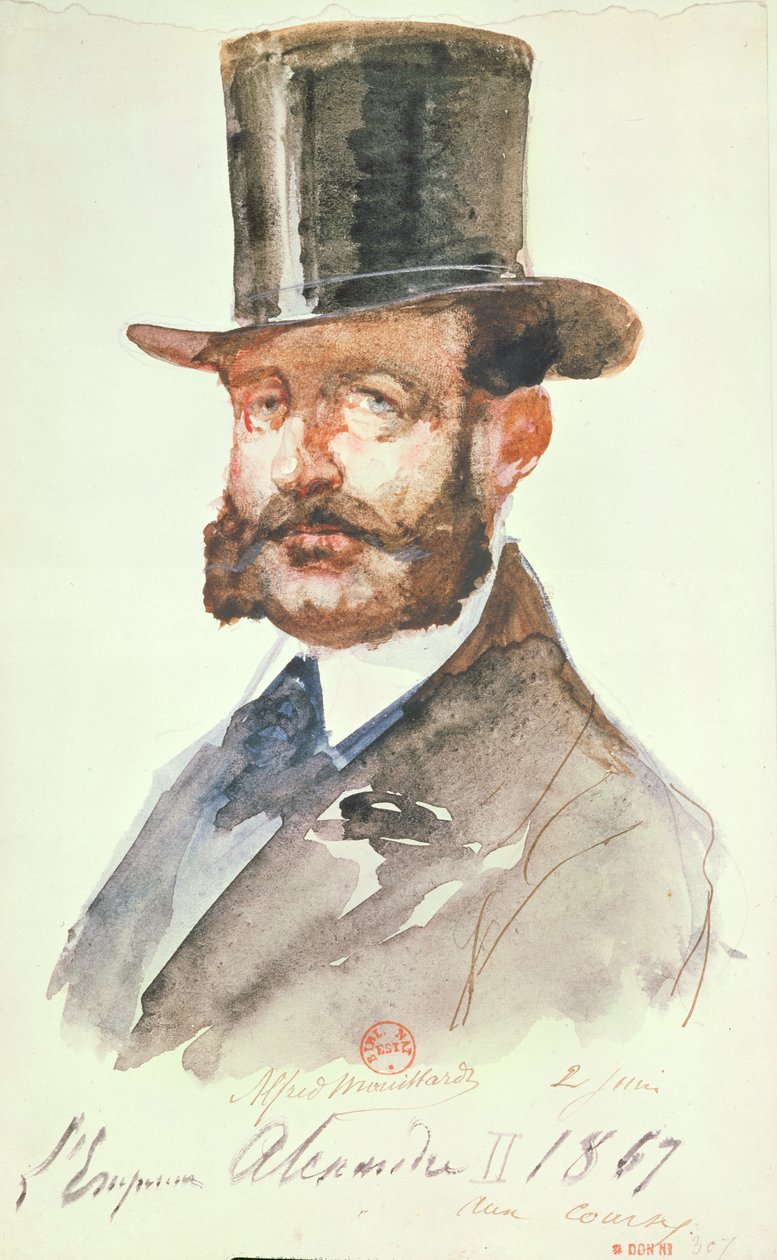 Cesarz Aleksander II (1818-81) na Wyścigach, 2 czerwca 1867 (pióro i atrament i toaleta na papierze) autorstwa Alfred Mouillard