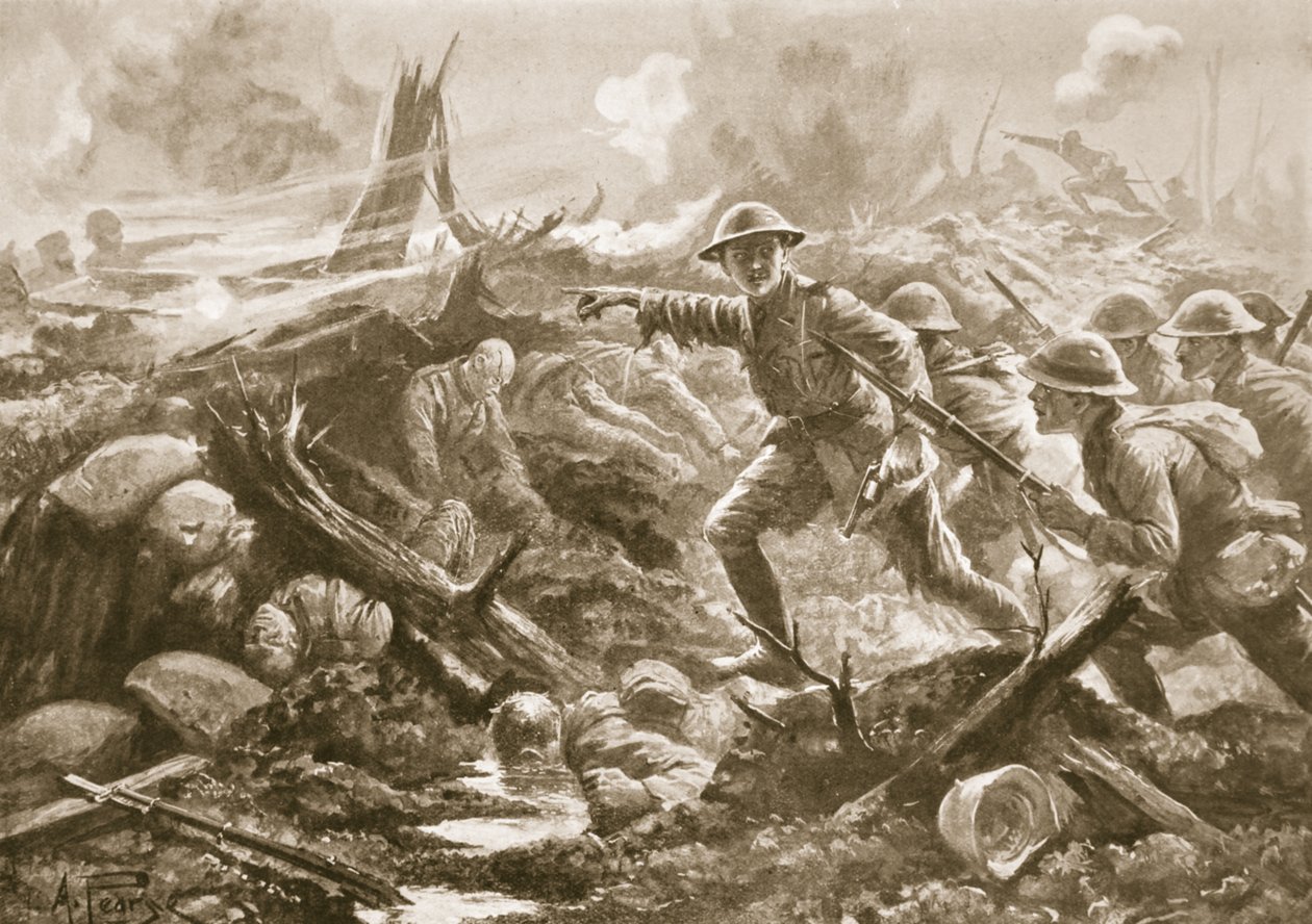 Porucznik (tymczasowy podpułkownik) R.B. Bradford, MC, gromadzi ludzi z innego batalionu i prowadzi ich naprzód swoim własnym batalionem autorstwa Alfred Pearse