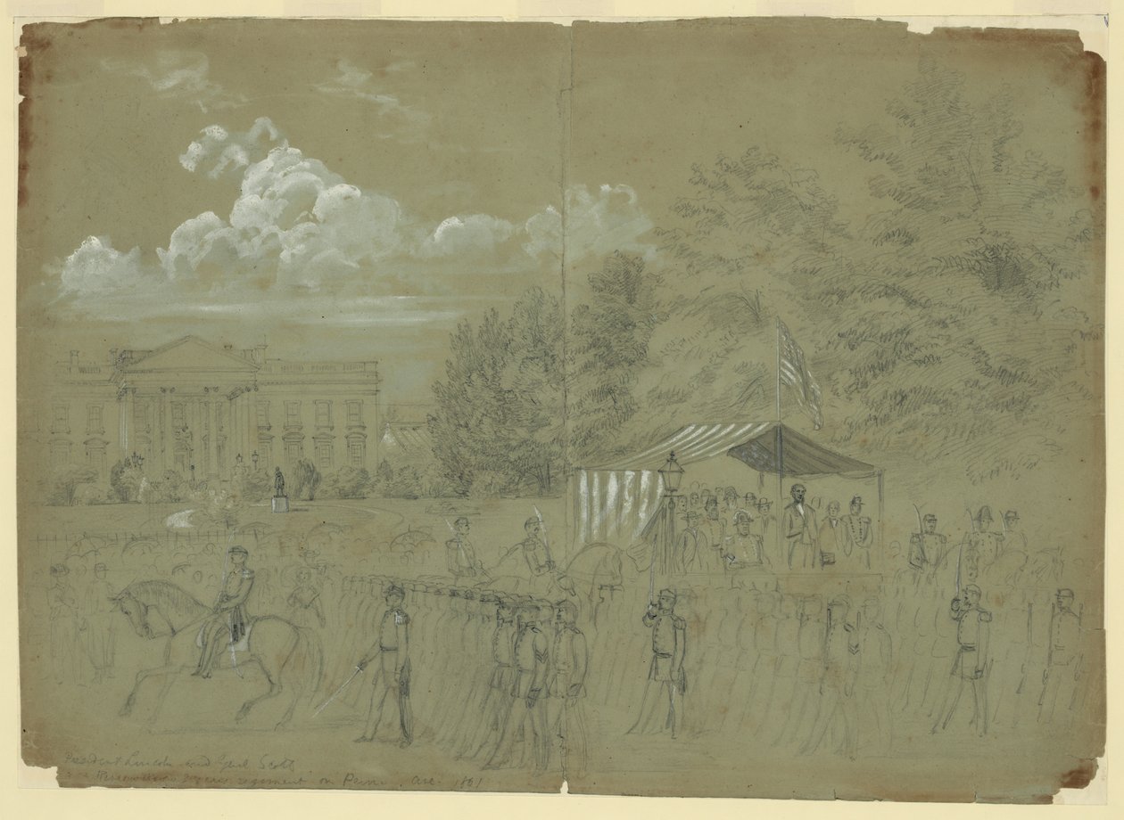 Prezydent Lincoln i Genl. Scott Przegląd 3-letniego pułku na Penn Ave. 1861 autorstwa Alfred Rudolph Waud