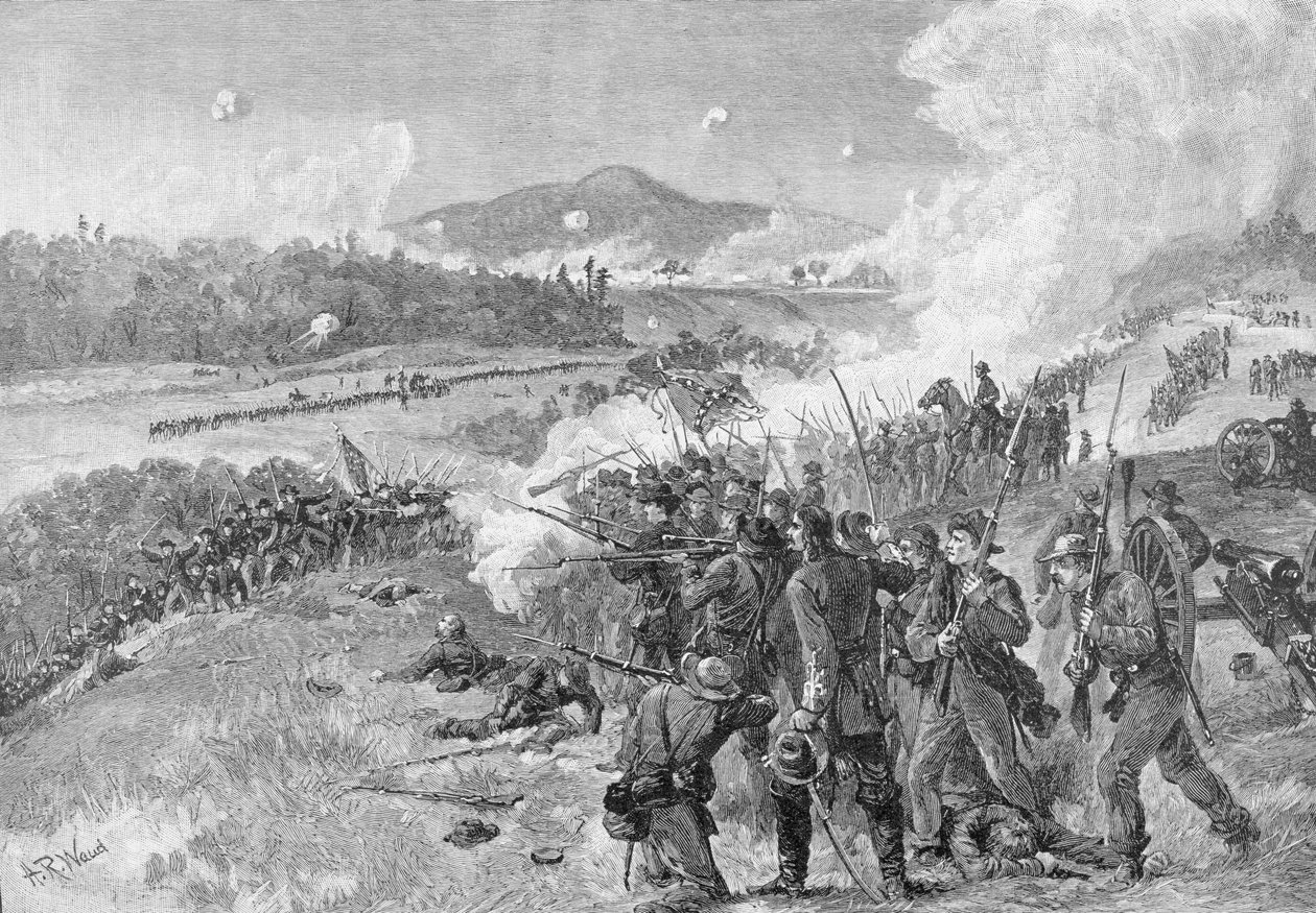Resakos mūšis, Džordžija, 1864 m. gegužės 14 d., iliustracija iš „Pilietinio karo mūšiai ir lyderiai“, redagavo Robertas Underwoodas Johnsonas ir Clarence