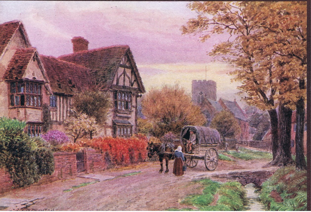 Październikowy wieczór w Steventon, Berkshire, z The Cottages and the Village Life of Rural England opublikowanej przez Dent & Sons Limited, 1912 autorstwa Alfred Robert Quinton