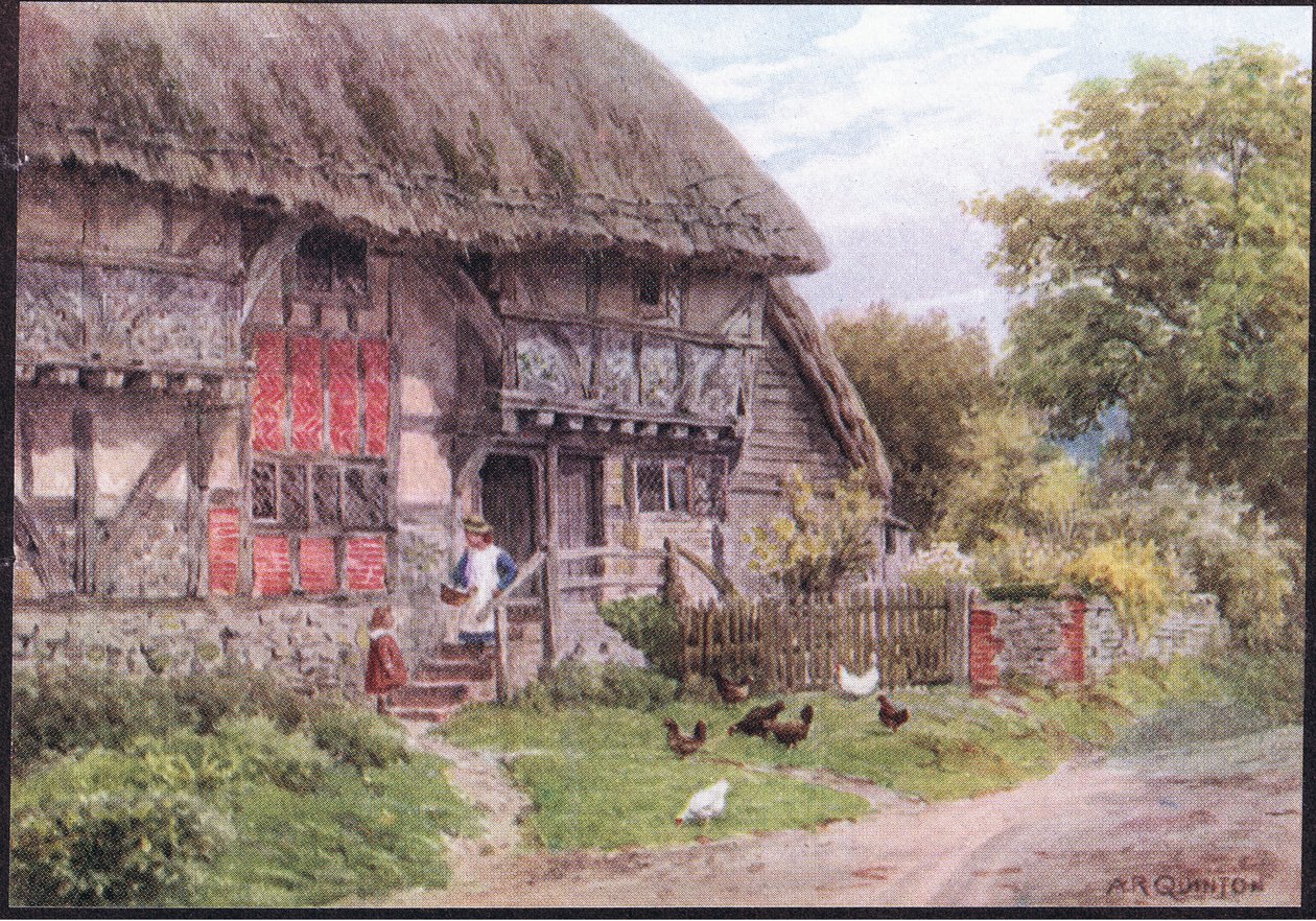 Old Cottage, Bignor, Sussex, z książki The Cottages and the Village Life of Rural England wydanej przez Dent & Sons Limited, 1912 autorstwa Alfred Robert Quinton