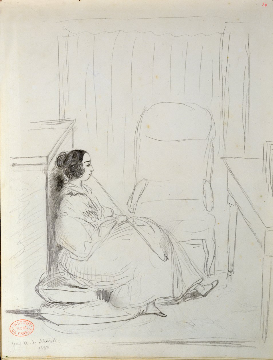 George Sand (1804-76) siedząca i paląca fajkę, 1833 autorstwa Alfred de Musset