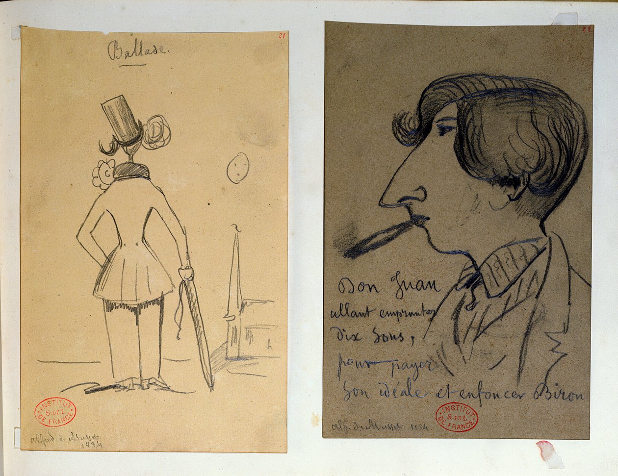 Dwa obrazy, "Ballada" (Księżyc jak kropka na I): Alfred de Musset (1810-57) od tyłu (z prawej), 