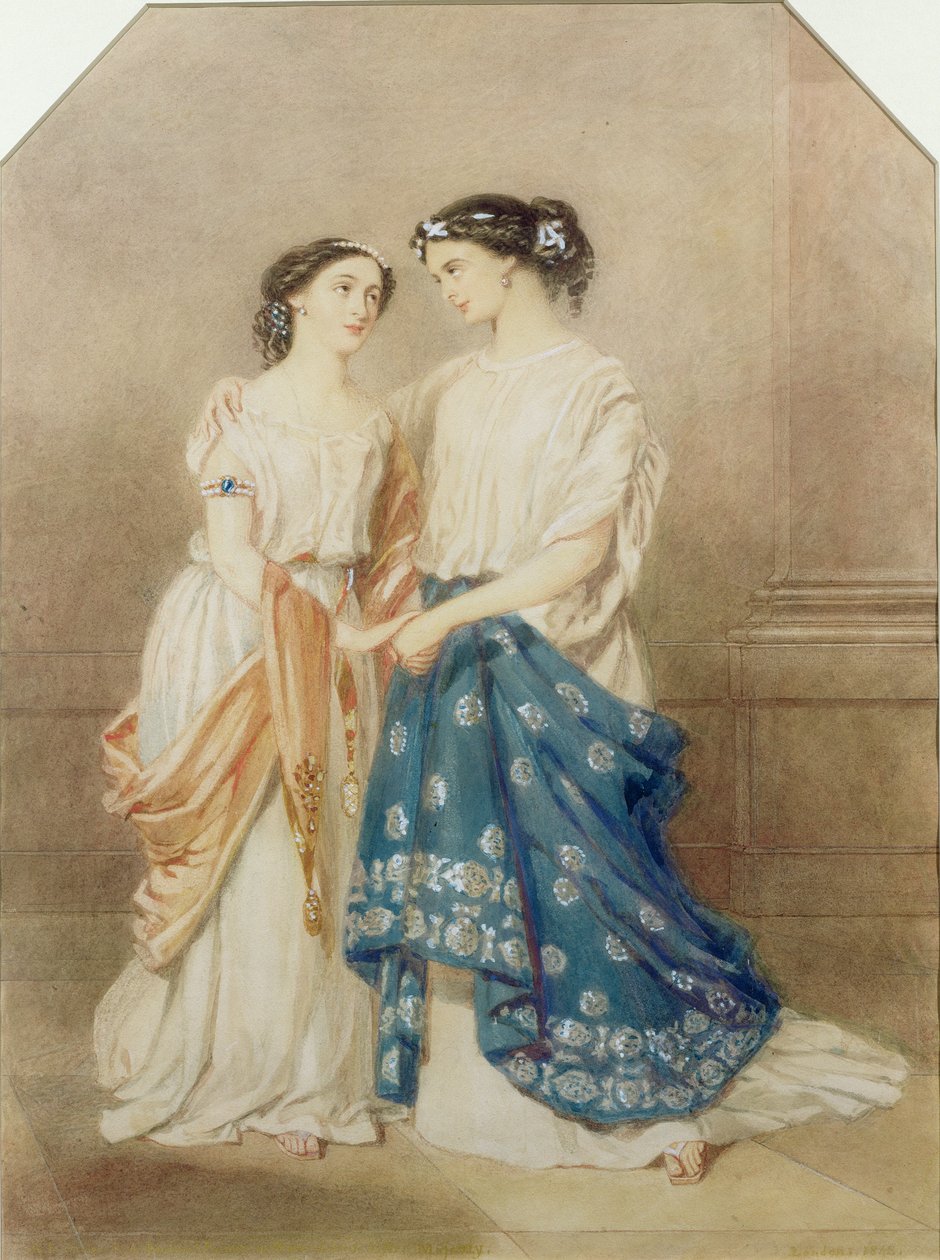 Scena z inscenizacji „Antygony” w 1848 roku w St. James Theatre z Mlle. Baptiste jako Ismeme i Mme. Pechter jako Antygona, 1848 autorstwa Alfred Edward Chalon