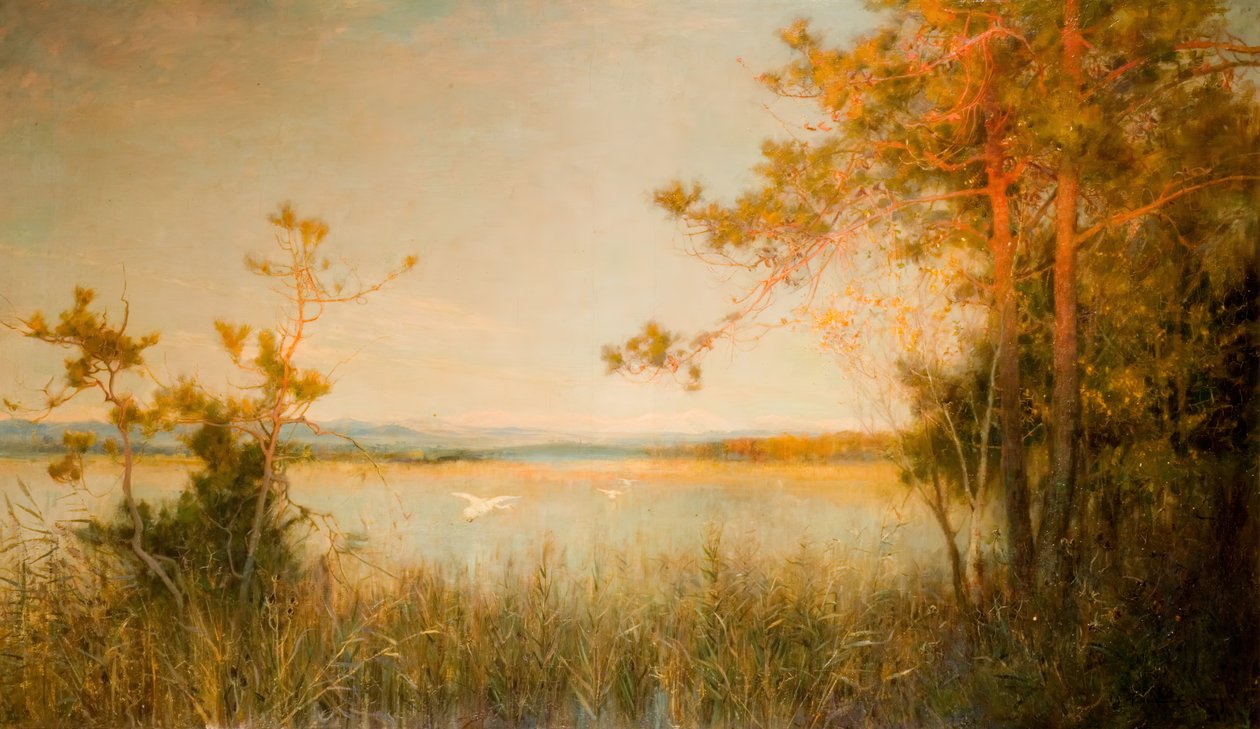 Reedy samotne i oświetlone słońcem wzgórza, 1890-91. autorstwa Alfred Edward East