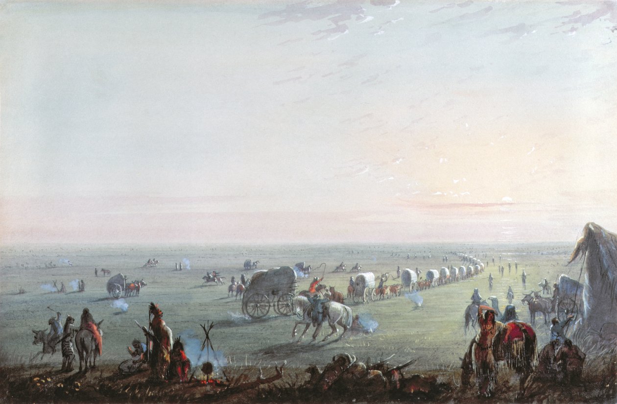 Rozbijanie obozu o wschodzie słońca, 1837 autorstwa Alfred Jacob Miller