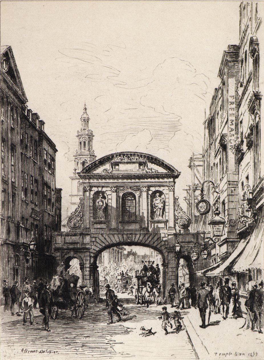 Temple Bar (akwaforta) autorstwa Alfred Louis Brunet Debaines