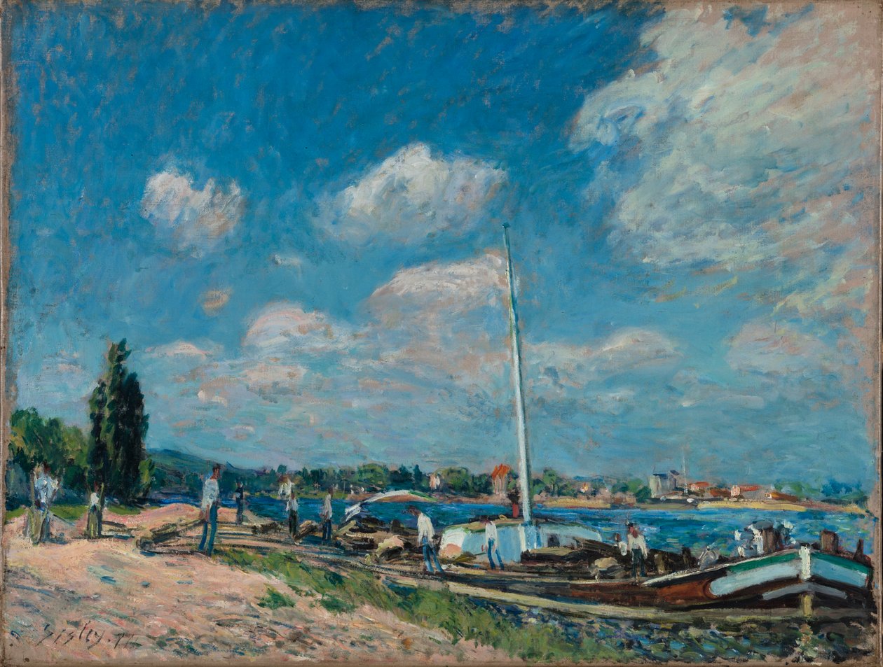 Rozładunek barek w Billancourt, 1877. autorstwa Alfred Sisley