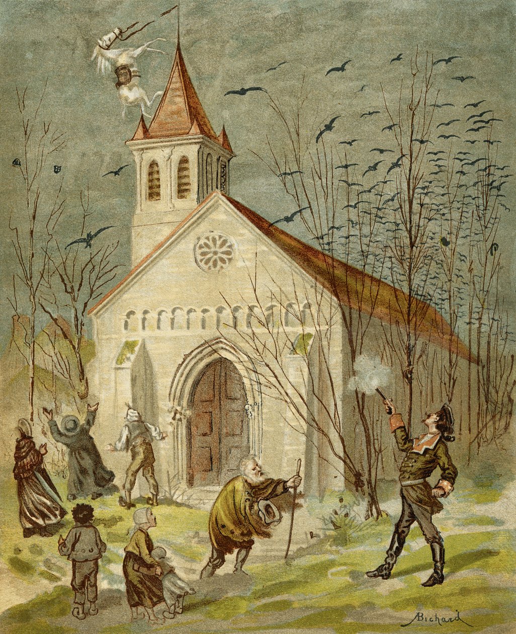 Baron udowadnia, że jest dobrym strzałem, z „Przygód barona Munchausena” Rudolpha Ericha Raspe (1736-94) wydanej ok. 1886 r. autorstwa Alphonse Adolphe Bichard