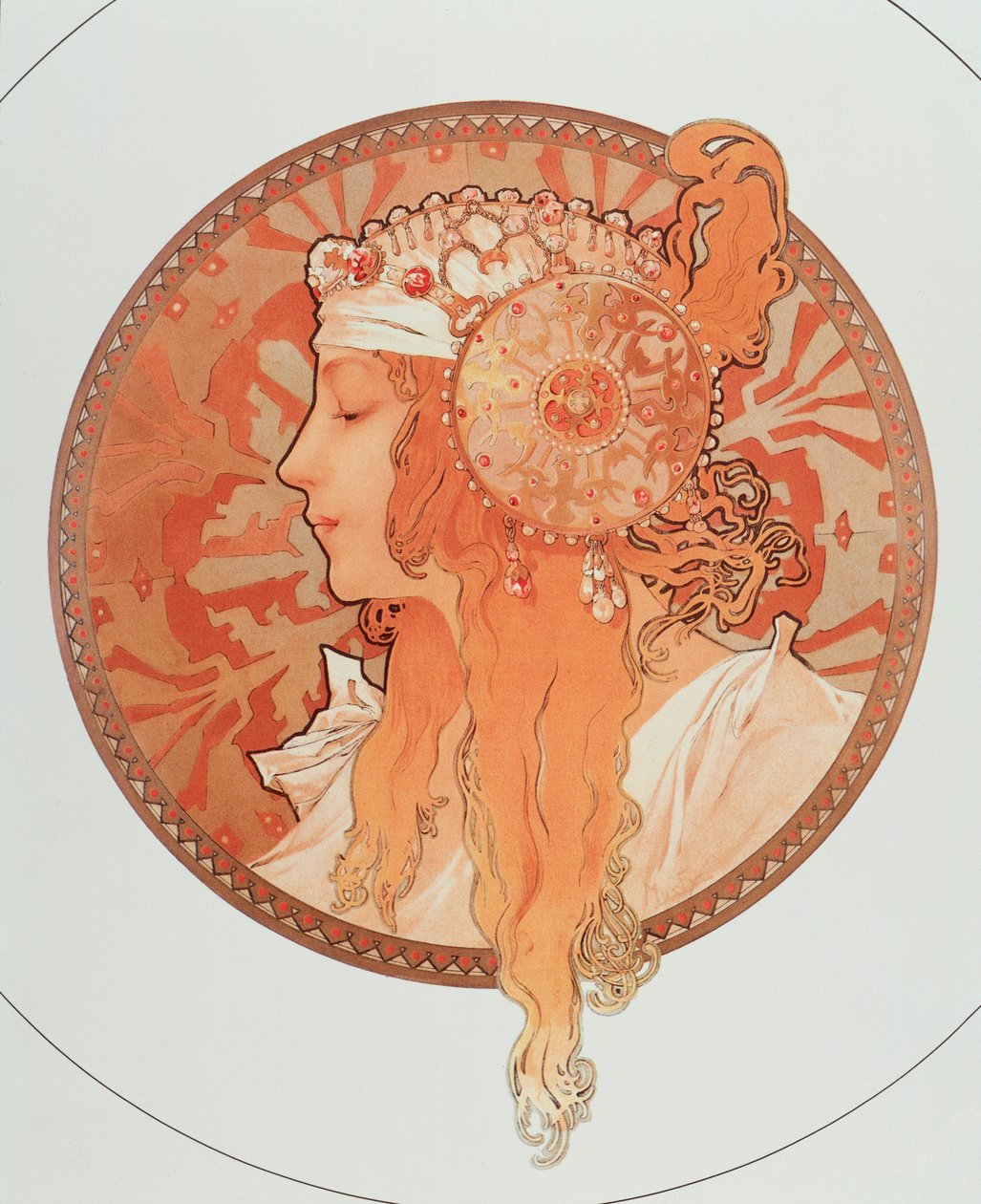 Seria litografii blond „”Głowy bizantyjskie”” Alphonse Mucha (1860-1939), 1897 - „”Blondynka” Z serii litografii „Głowy bizantyjskie”” Alfonsa Muchy, 1897 Średnica 50 cm Prywatna kolekcja autorstwa Alphonse Mucha