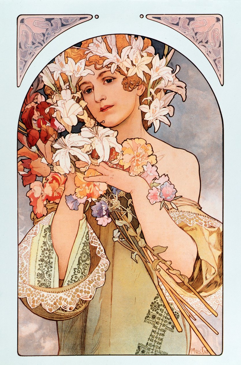 Plakat Alfonsa Muchy (1860-1939) pt. "Kwiat", seria litografii o kwiatach, 1897 - Plakat Alfonsa Muchy: "Kwiat" z serii o kwiatach, 1897 Dim 44x66 cm Kolekcja prywatna autorstwa Alphonse Mucha