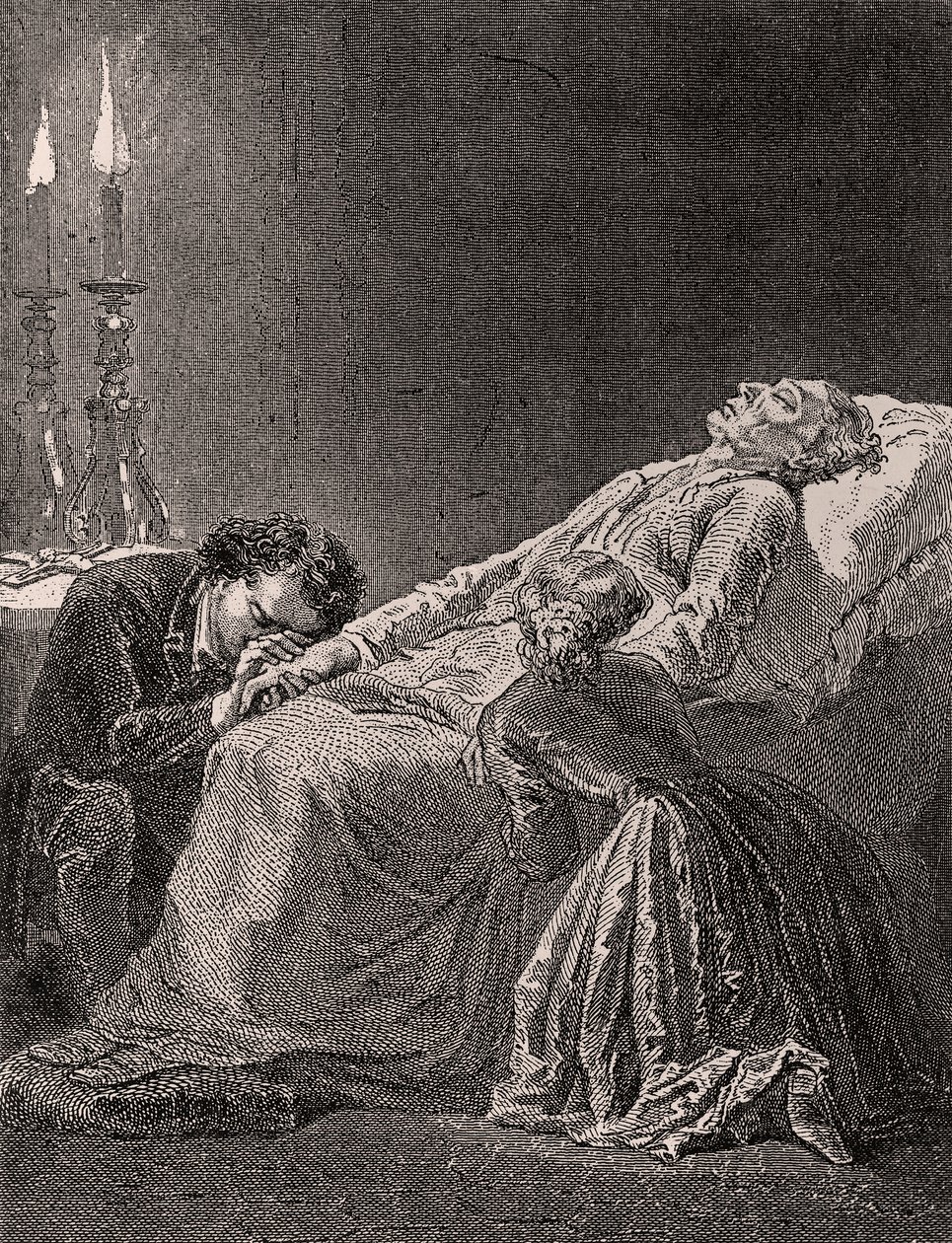 Śmierć Jana Valjeana między Cosette i Marius - ilustracja z Les Misérables, XIX w. (rycina bw) autorstwa Alphonse Marie de Neuville