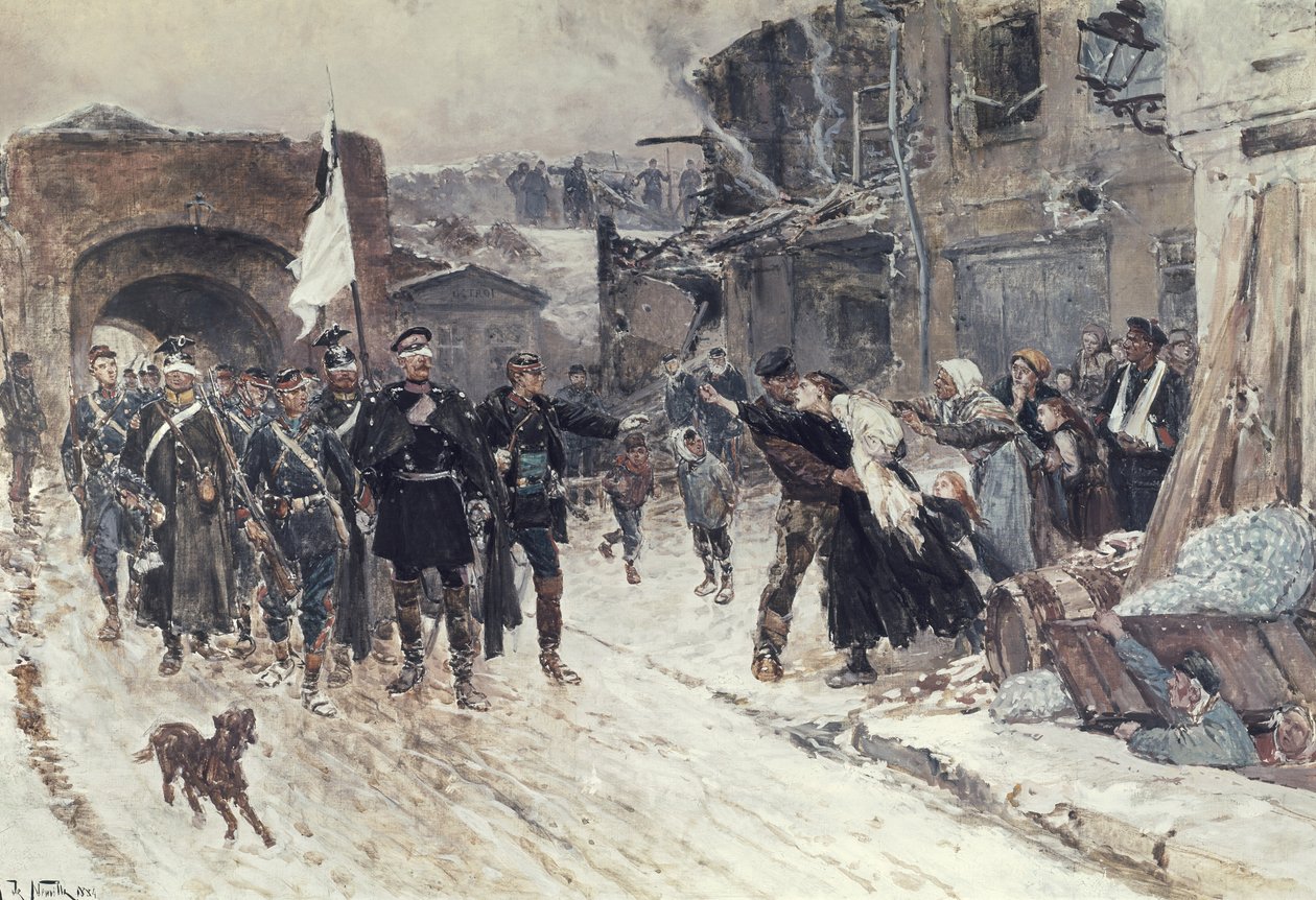 Wejście do dzwonnicy niemieckiego dowódcy noszącego flagę rozejmu, 4 listopada 1870, 1884 autorstwa Alphonse Marie de Neuville