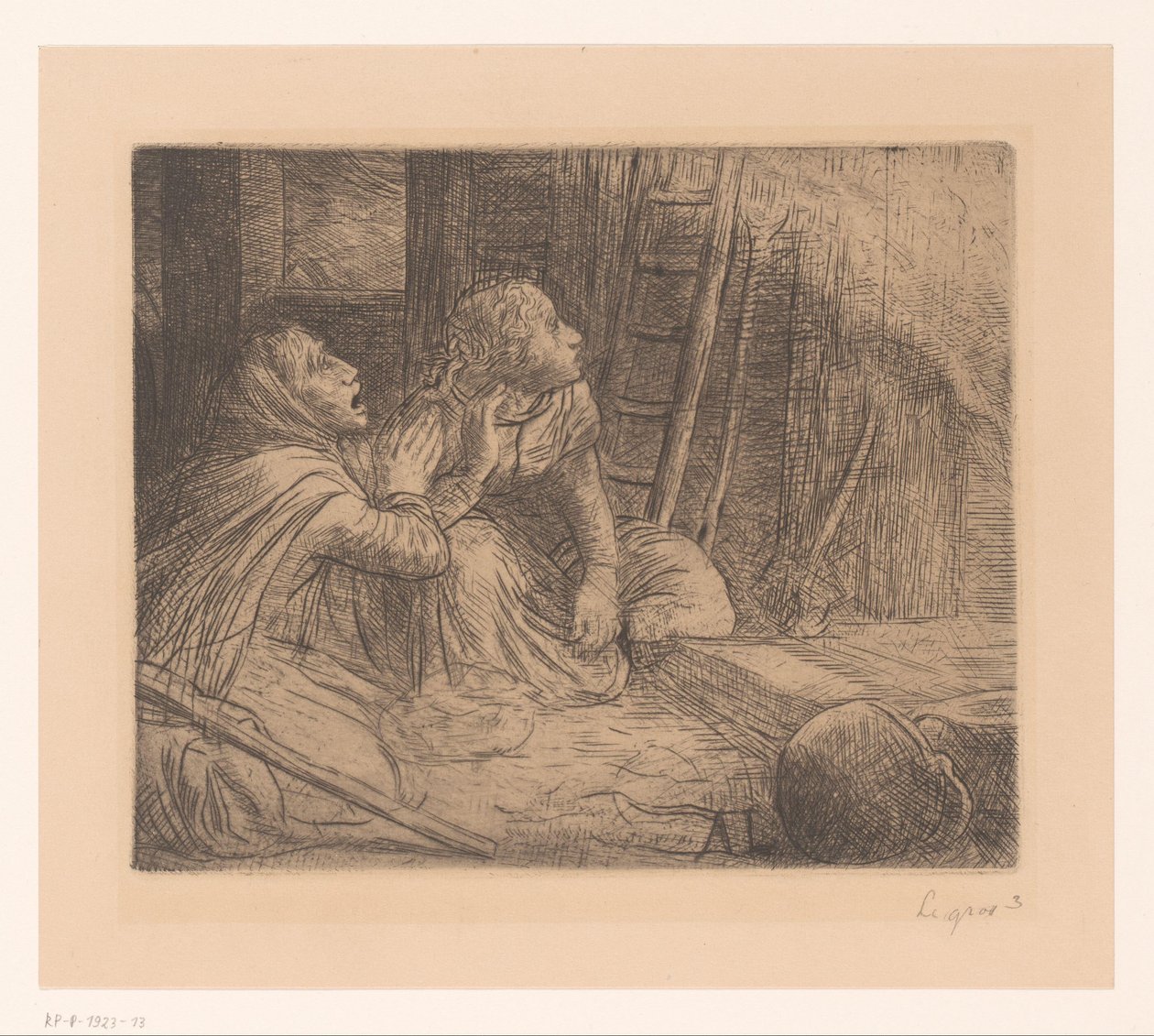 Dwie klęczące kobiety patrzące w górę autorstwa Alphonse Legros (signed by artist)