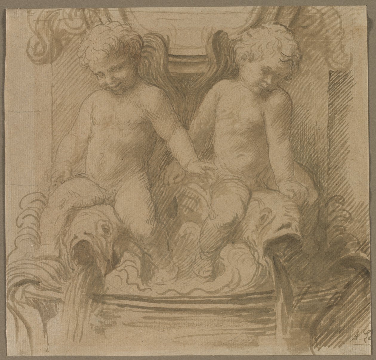 Fontanna z Putti jadącymi delfinami autorstwa Alphonse Legros