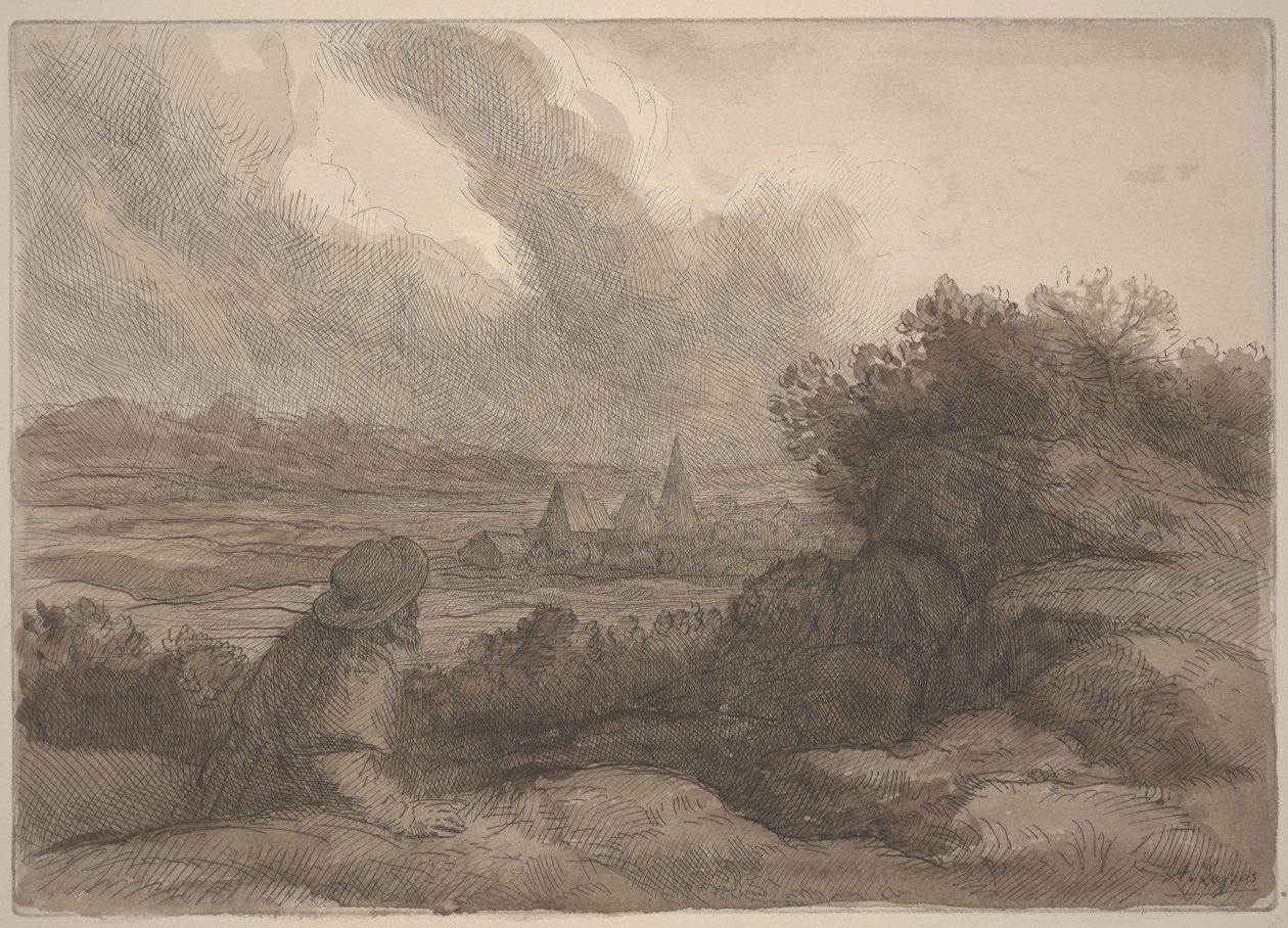 Krajobraz (akwaforta z myciem sepii) autorstwa Alphonse Legros