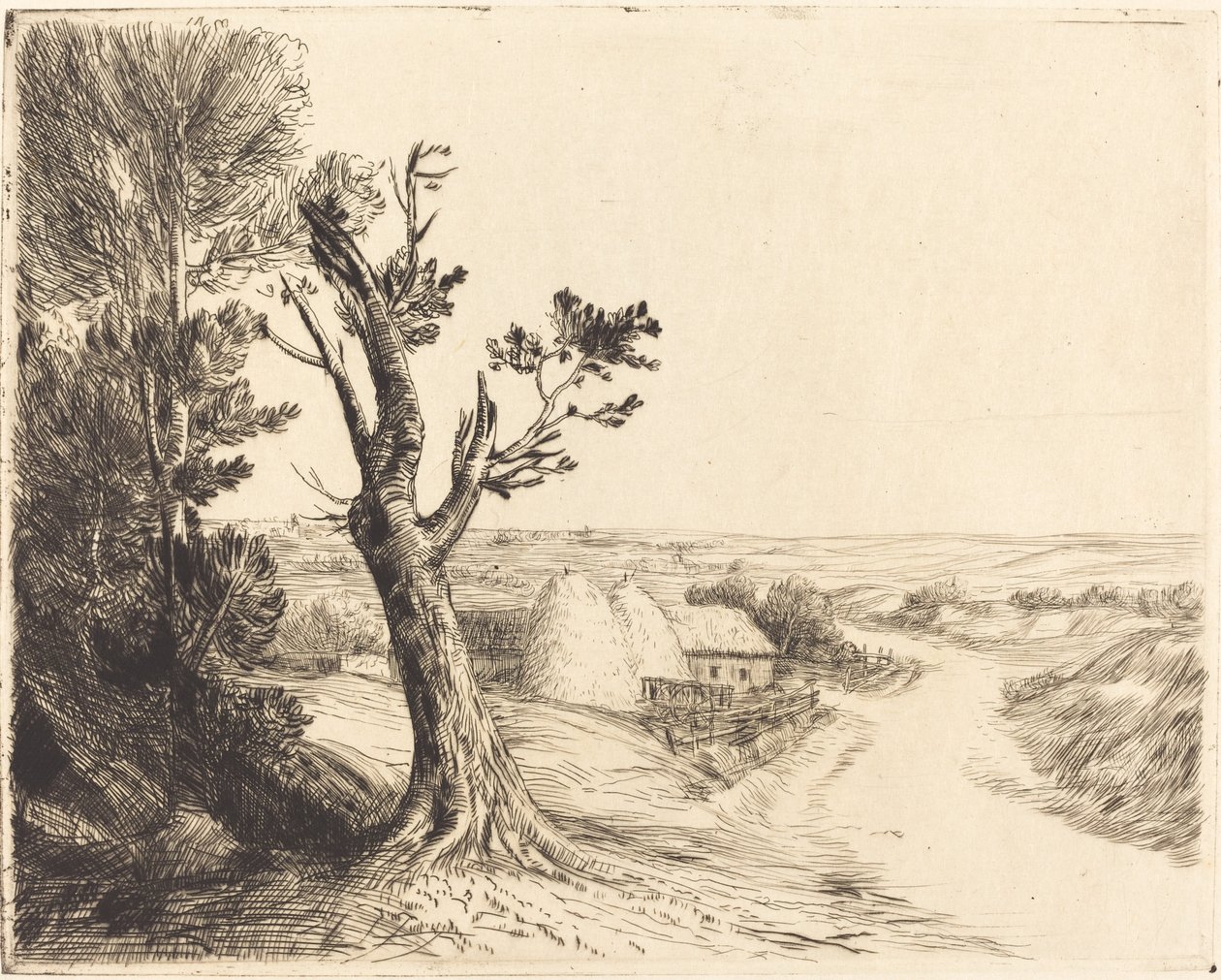 Krajobraz ze stogami siana autorstwa Alphonse Legros