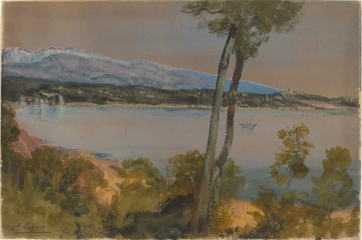 Góry widziane za jeziorem. autorstwa Alphonse Legros