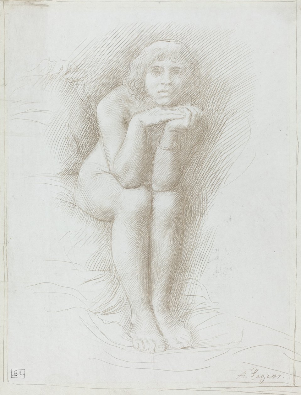Naga modelka w pozycji siedzącej autorstwa Alphonse Legros