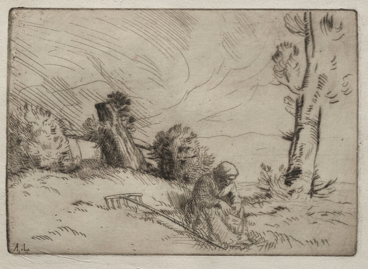 Wieśniaczka siedząca w pobliżu żywopłotu autorstwa Alphonse Legros