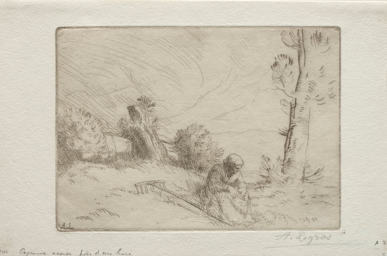 Chłop w pobliżu kamiennego ogrodzenia. autorstwa Alphonse Legros
