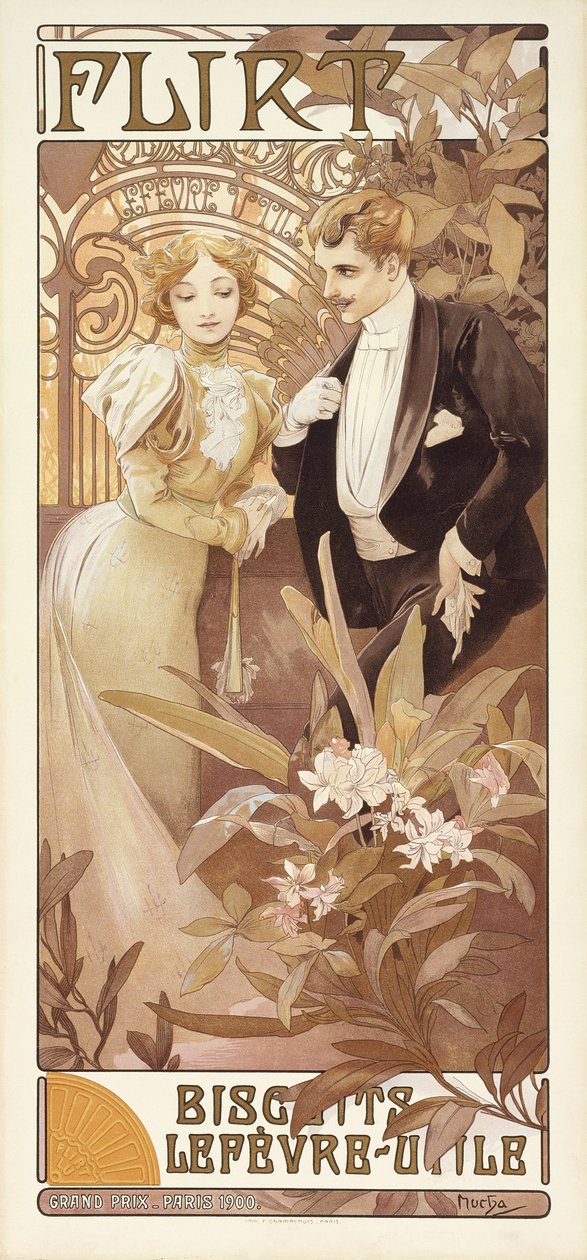 Flirt, ok. 1895-1900 (kolor lito) autorstwa Alphonse Mucha