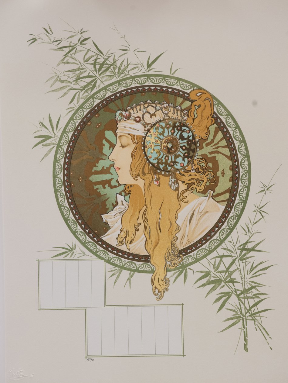 Bizantyjskie głowy: blond kalendarz, 1897. autorstwa Alphonse Mucha