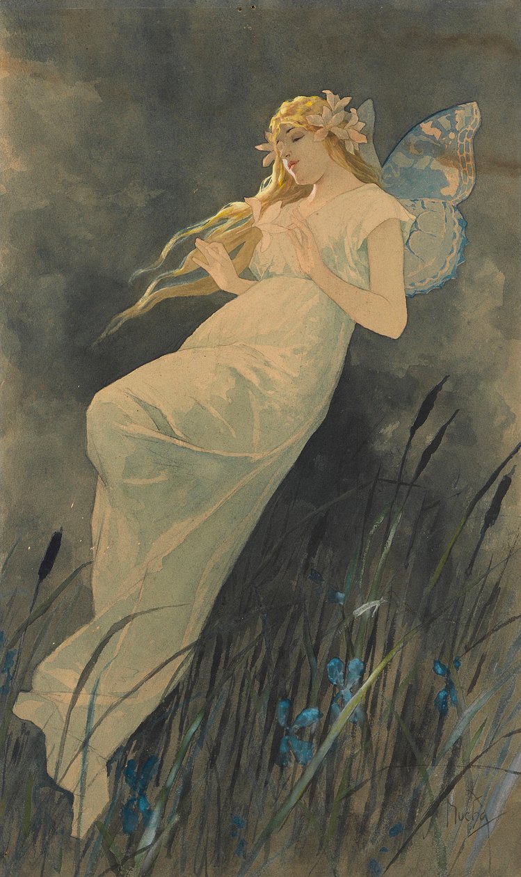 Elf z kwiatami irysa, ca. 1886-1890. autorstwa Alphonse Mucha