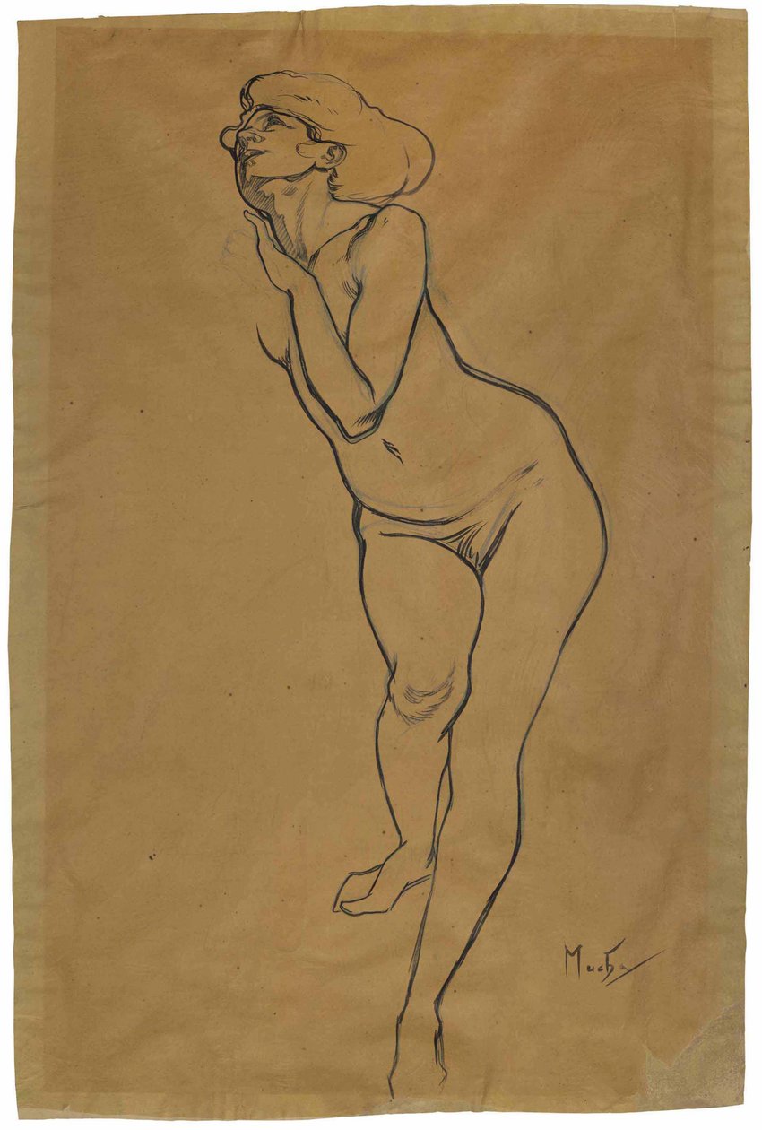 Naga kobieta stoi. autorstwa Alphonse Mucha